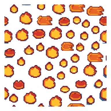 Bomberman horizontal explosion tile, flames extending left to right across full width, bright orange and yellow core with red edges, flames about 60% of tile height, centered vertically, flame wisps details sticker