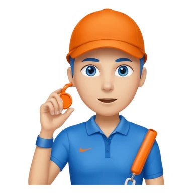Make a friendly emoji style mascot for Sports Eye. Character will be blue sporty eye with a face, wearing a whistle, symbolizing coach giving guidance. design should be modern, friendly, & energetic, like a sports coach avatar. Primary color #2051E5 small touch of orange. sticker