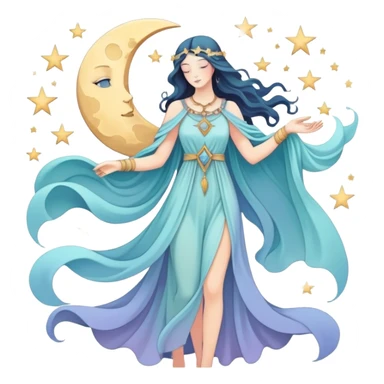 Mystical tarot card with flowing clothing silhouette, ethereal fashion symbol with stars and moon elements sticker
