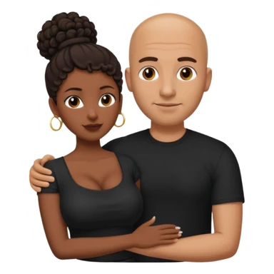 A picture of a tanned couple with the man's arm around her. the man is a Mexican man with tanned skin, a bald hair cut, short beard and wearing a black shirt. the woman is mixed, with curly dark brown hair in a big bun and with big boobs  sticker