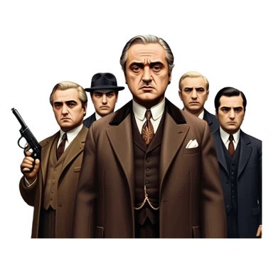 A vintage movie poster-style design featuring Don Vito Corleone surrounded by gangsters with Tommy guns. Include a dark, moody noir atmosphere with skyscrapers of New York in the background. The scene should be tense and mysterious, with a retro cinematic feel. Transparent background. sticker