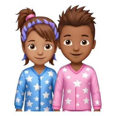 4 year old brown spikey haired boy with blue pajamas with stars on them and a 1 year old brown haired pony tail girl with pink pajamas, and stars on them with light skin. Top left on, can you make them smile more?  sticker
