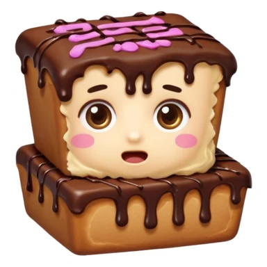 Rectangular chocolate mini pastry, slightly messy, wide shocked eyes, open mouth, chocolate dripping, text above: "ПАСТИЧКА", chibi style, Twitch emoji style, transparent background, colorful

 sticker