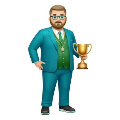 full body white obese male basketball coach with trophy. Goatee beard , Wearing glasses and blue and green suit sticker