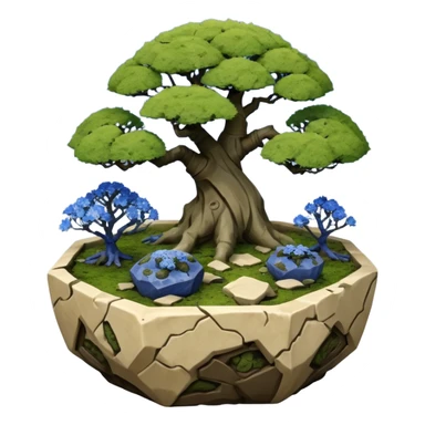 Alien landscape mudman very old broken cracked intricate Stone Age rocky-crusted dodecahedron-shaped shallow dark moss rough bark blue willow flowered maple tree bonsai pot sticker