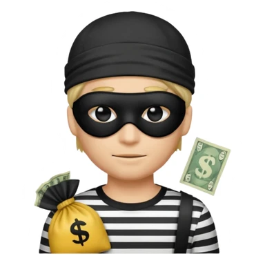 a short ios emoji-style portrait of a classic burglar, a black eye mask (looks like a blindfold) and a black-and-white striped shirt. emoji-like hair, black hat, ONE bag of money 💰 with a dollar sign in a right corner sticker