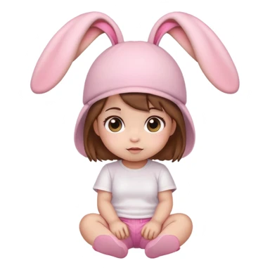 Kawaii baby girl emoji, sitting, brown hair, big eyes, pink bunny ear hat, white t-shirt, pink shorts sticker