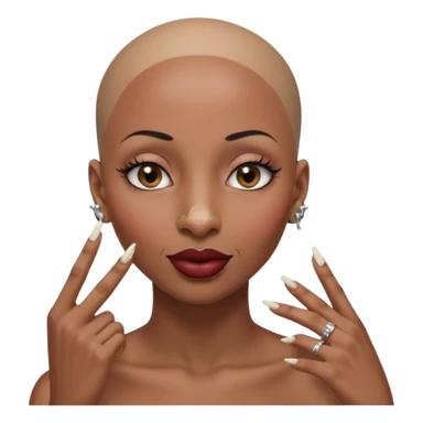 Grown black (proud) woman, bald with a perfect head, a prominent nose with a septum piercing, many piercings on her ears, a gap between her front teeth and very long nails (cynthia erivo) a proud lesbian, with long lashes and her finger tapping her head sticker