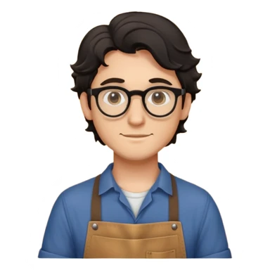 Young caucasian man with black wavy hair, round glasses, brown carpentry apron over a shirt, woodworker sticker