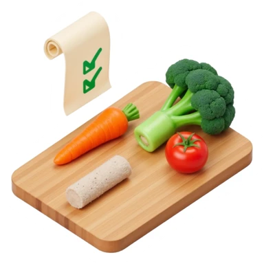 carrot tomato brocoli on the wooden cutting board with floating rolled paper list with green checkboxes sticker
