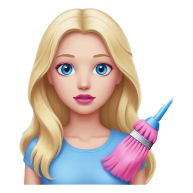A cinematic realistic blonde with long hair, blue eyes and pink lips cleans a room sticker