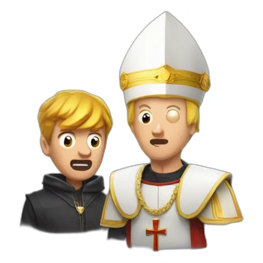 Geoff Keighley arguing with Angry Joe while wearing pope hat that is also a Dorito at the game awards sticker