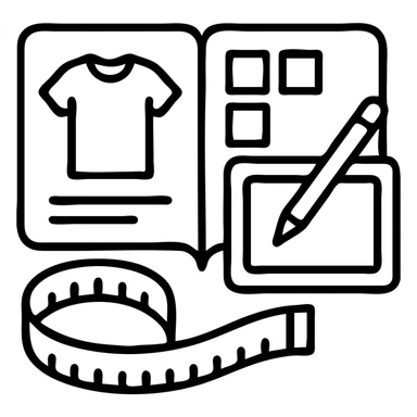 Minimalist vector icon representing fashion design management: an overhead view of a stylized open tech pack document showing a garment sketch, alongside a color swatch grid, a digital tablet with a pen, and a measuring tape curved into the shape of a semicircle. Use clean lines, soft neutral tones with one pop of color (like coral or teal), and geometric shapes. The icon should convey precision, creativity, and fashion process in a modern, professional style. Designed to be easily recognizable at small sizes. Yellow & black theme sticker