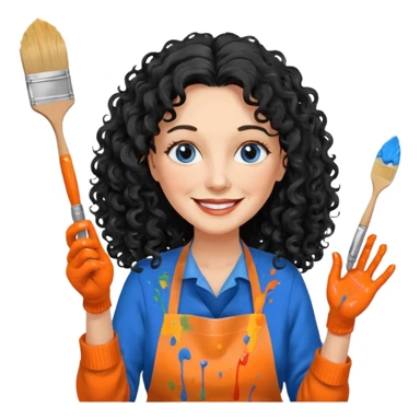 FEMME BLANCHE FRISÉ 60 ANS CHEVEUX NOIR FRISÉ ONDULÉ TRÈS  LONG , SOURIANTE AVEC CHANDAIL ORANGE ,   YEUX BLEU ET UN PINCEAU À LA MAIN LA MAIN AVEC 5 DOIGT SEULEMENT ET TABLIER sticker