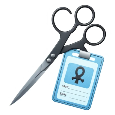 Floating black Scissors cutting a light blue military ID card in 2 parts .hyper realistic sticker