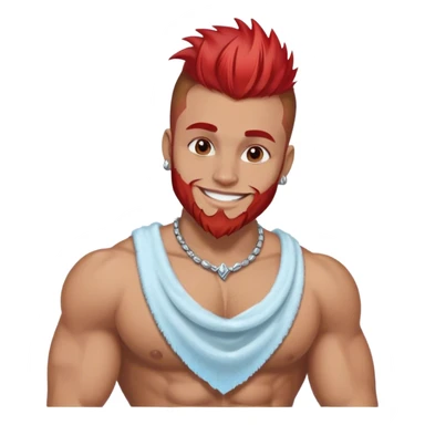 smiling muscular 28 year old man with silver jewelry, light brown hair that has and red highlights, and a fauxhawk with trimmed beard cleaning sticker