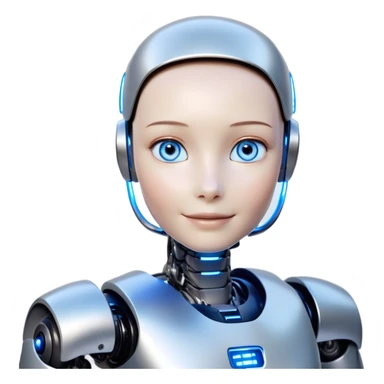 Create a cinematic GIF sequence of a humanoid AI robot. The sequence should show a character transformation:

INITIAL FRAMES:
- The robot has a friendly face with glowing blue eyes
- Warm lighting creates a trustworthy appearance
- The robot smiles gently at the viewer
- Body language appears helpful and non-threatening
- Perhaps slight head tilt conveying curiosity/friendliness

MIDDLE FRAMES:
- The lighting gradually shifts to more dramatic/shadowy
- The robot's smile begins to look slightly forced
- Eyes start transitioning from blue to red/orange
- Subtle changes in posture becoming more rigid/imposing

FINAL FRAMES:
- The robot's smile has transformed into a menacing grin
- Eyes now glow ominous red
- Darker lighting creates sinister shadows across its face
- Overall appearance reveals its true villainous nature

Style: Photorealistic with slight stylization, smooth transitions between frames, cinematic lighting sticker