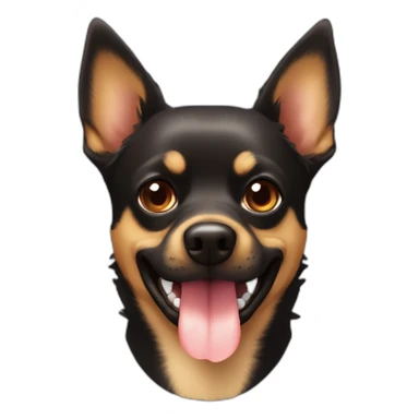 black brown colored mutt dog with small german shephard head but larger chihuahua eyes and large overbite with left upper sharp canine tooth a crooked and sticking out mouth sticker