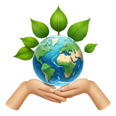 An icon featuring a green leaf, Earth held in hands, and a recycling symbol, symbolizing ecology. The design includes trees, clean water, and animals, representing environmental protection, sustainability, and ecosystems. Transparent background highlights the science of nature and conservation. sticker