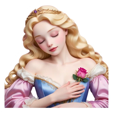 Cinematic Realistic Sleeping Beauty (Aurora) Portrait, with porcelain-like skin featuring a natural rosy flush, illuminated by soft lighting that highlights the gentle contours of her face. Her golden blonde hair flows in soft, detailed waves with subtle highlights that shimmer in the light. Her deep violet-blue eyes radiate warmth and innocence, framed by arched brows and long lashes. With a soft, serene smile, she holds a delicate rose gently in one hand, her other hand resting lightly by her side. She is dressed in her classic pink gown, the fabric rich in texture with delicate folds that catch the light. A golden crown rests atop her head, gleaming with royal refinement. The portrait captures a soft, glowing aura, blending realism with an ethereal sense of beauty and timeless enchantment. sticker
