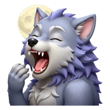 Cinematic Cute Yawning Werewolf Portrait Emoji, with a cuddly, miniature lupine form in soft moonlit grays and silvers, head leaning back in a big, adorable yawn that reveals a few fuzzy teeth, simplified yet irresistibly charming, highly detailed with a soft glowing outline that captures the drowsy, playful essence of a werewolf mid-nap! sticker