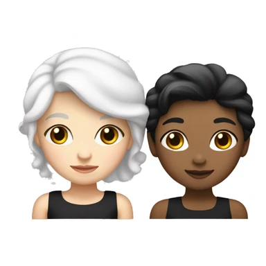 Lesbian couple, one girl wearing a white dress with white hair, the other wearing a black dress with black hair sticker