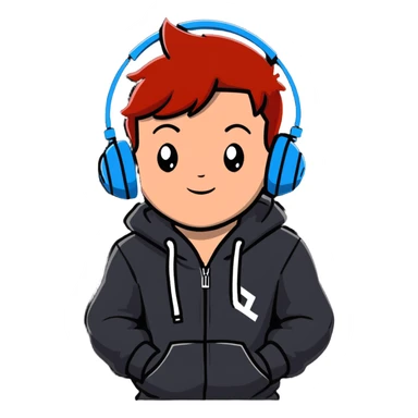 young red-haired boy wearing headphones and a hoodie with 'woojuo' printed on the chest, lively style, suitable for emoji sticker