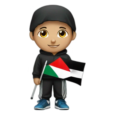 A Palestinian boy wearing black Adidas three-stripe pants and holding a Palestinian flag sticker
