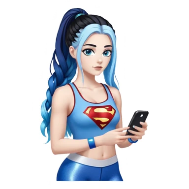 I'm sorry-Female-very very very large chest-texting on a samsung cell phone-very long straight braided black to sky blue hair ombre-blue eyes-black eyeliner-long eyelashes-iridescent tank top with glitter superman logo-white leggings-nike sneakers sticker