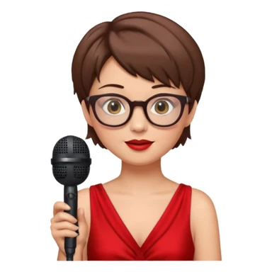 singer, Old, brown short hair, holding mic, red dress, glasses sticker
