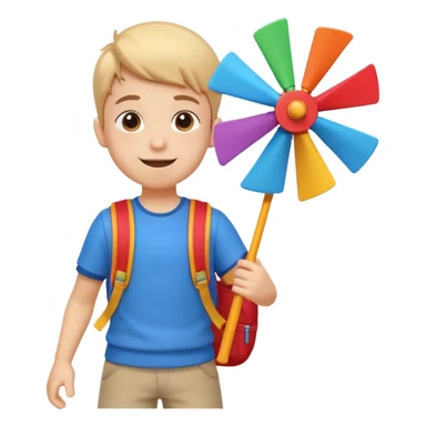 cute boy carrying a toy windmill backpack, colorful windmill spinning on the back, happy expression, casual outfit, 3D cartoon, mobile game icon style, clean background, no text, no watermark
 sticker