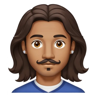Young man with medium brown skin, mixed-race ethnicity, long wavy dark brown hair with an EXTREMELY PRECISE CENTER PART exactly aligned with the middle of the face, hair parted perfectly symmetrically on both sides, mustache separated from goatee, medium brown eyes, small diamond stud earrings, head only sticker