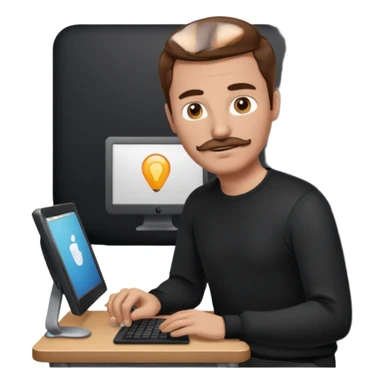  man with mustache, brown hair, 33years old, shirt, high temple Black pullover with a white shirt underneath and black fabric trousers work with couputer sticker