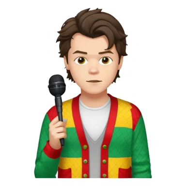 harry styles with a mic, he is wearing a patchwork colorful (red, yellow,green) cardigan and a white t-shirt under sticker