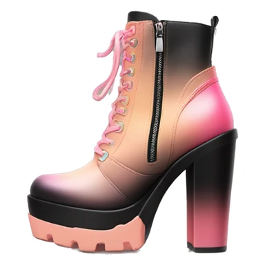 Hyper Realistic isolated top front view of a pair  of peach,pink and black ombre chunky heel zippered ankle bootie boots. sticker