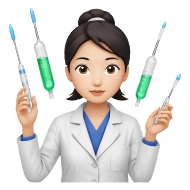 emoji of an asian woman with a single bun in a white lab coat sitting cross legged with micropipettes levitating above each hand. the tips should be pointing away from her and she should not be wearing a stethoscope sticker