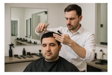 sartaroshxonada mijozlarni sochini olayotganin  tasvirlab ber juda yosh ham katta ham bo'lmasin semiz ham bo'lib ketmasin o'smirin davrini yuzi ko'rinmasin sticker