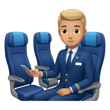 A  male courteous flight attendant checking seat rows with a polite, attentive posture. sticker