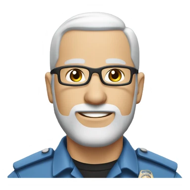 Bald Caucasian man with light gray beard in police uniform with a glasses and earing in the left ear  sticker
