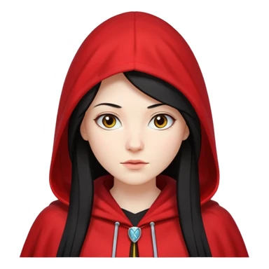 white girl with long straight black hair, white streak in hair, red hooded cloak sticker