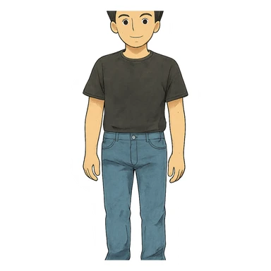 man wearing jeans and a black t-shirt, black hair, transparent background, ghibli style sticker