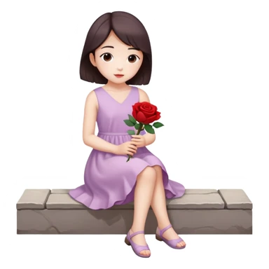 Soft light purple dress korean style girl holding a red rose in hands and sitting on the foot paths sticker