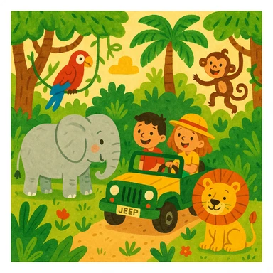 hand drawn digital illustration of jungle safari in the style of children's illustration sticker