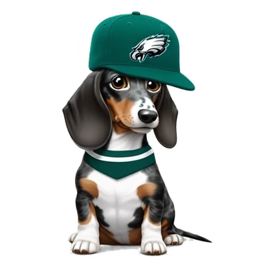 Miniature Blue Merle Medium Light Tri Brown Spotted Dachshund wearing Philadelphia Eagles Hat with C on Jersey sticker