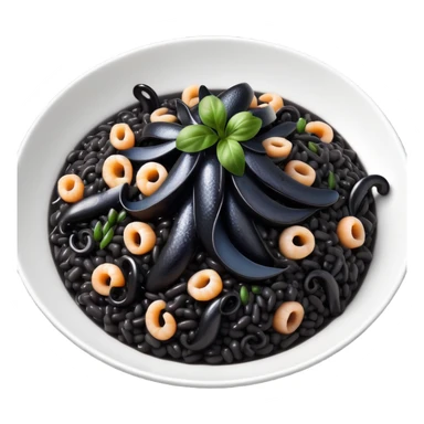 cinematic-realistic-black-risotto-dish-emoji,-showcasing-small black squid pieces-rendered-with-bold-textures-and-dynamic,-dramatic-lighting. sticker