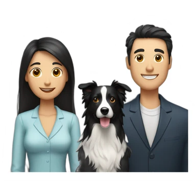 Family formed by a White man with hat and a White woman with long black hair and one small black dog border collie sticker