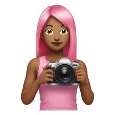 girl with long, straight rose hair and fringe and holding camera and wearing pink tank top sticker