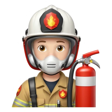 Firefighter with white respiratory protection white color helmet with fire extinguisher sticker