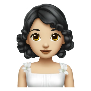 Pretty young Lady doll posing with black hair flowers in hair white dress surrounded by flowing water sticker