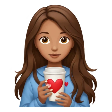 Un emoji de una chica con el pelo castaño y largo y suelto así como vestida como una that Girl y un café con dibujo de corazón y una cama aesthetic modo vida perfecta sticker